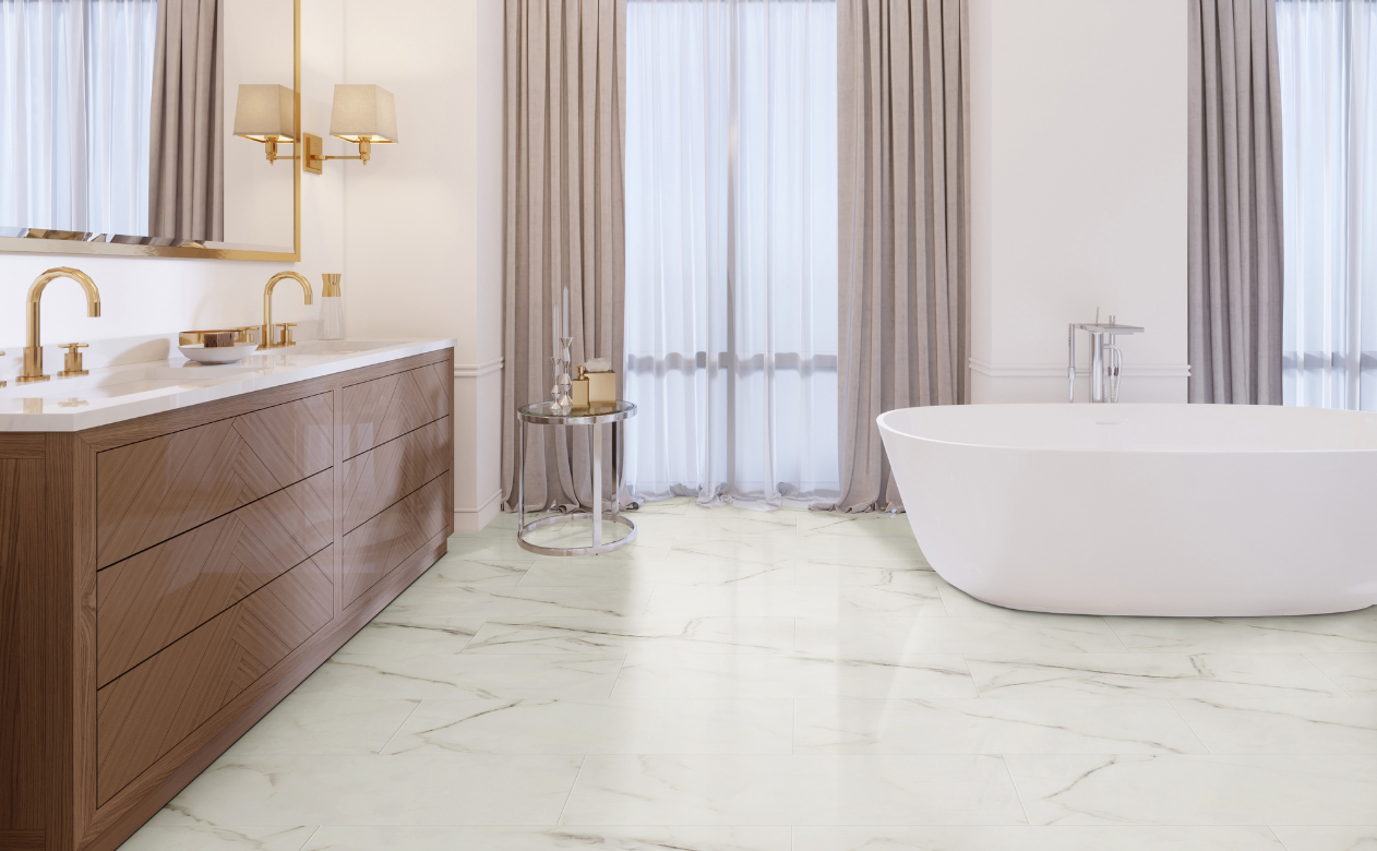 stone look marble luxury vinyl flooring in bathroom with soaker tub