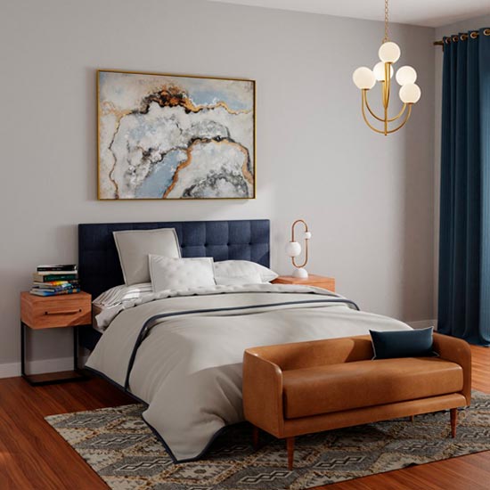 midcentury modern bedroom with pendant lighting